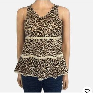 NWT Love, Fire Women’s V-Neck Lace Trim Swing Top Brown Leopard Print Size XL